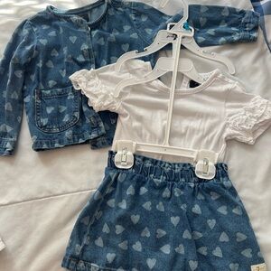Blue Heart Denim Jacket and Skirt Set with White Top